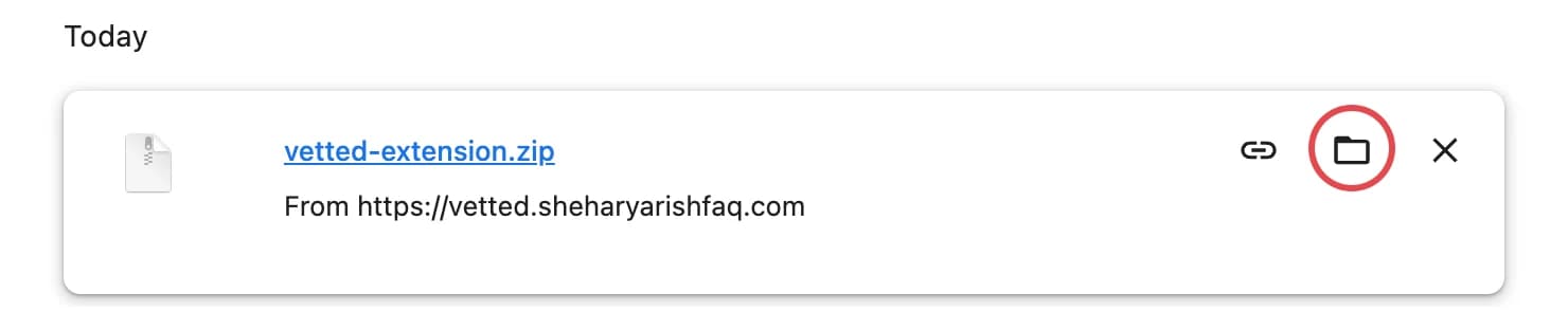 Chrome's download list showing vetted-extension.zip from vetted.sheharyarishfaq.com, with the Show in folder icon circled