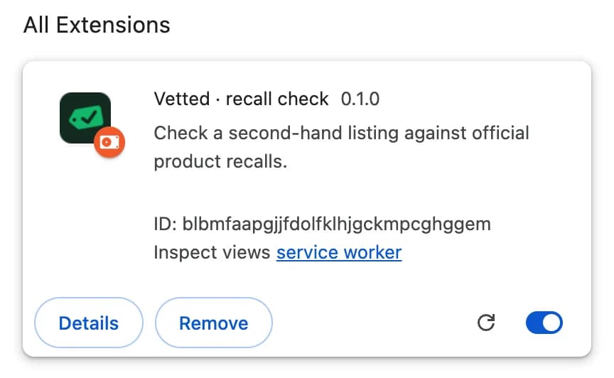 Vetted · recall check 0.1.0 listed in chrome://extensions after loading the folder