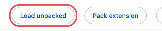 The Load unpacked button that appears once Developer mode is on, circled